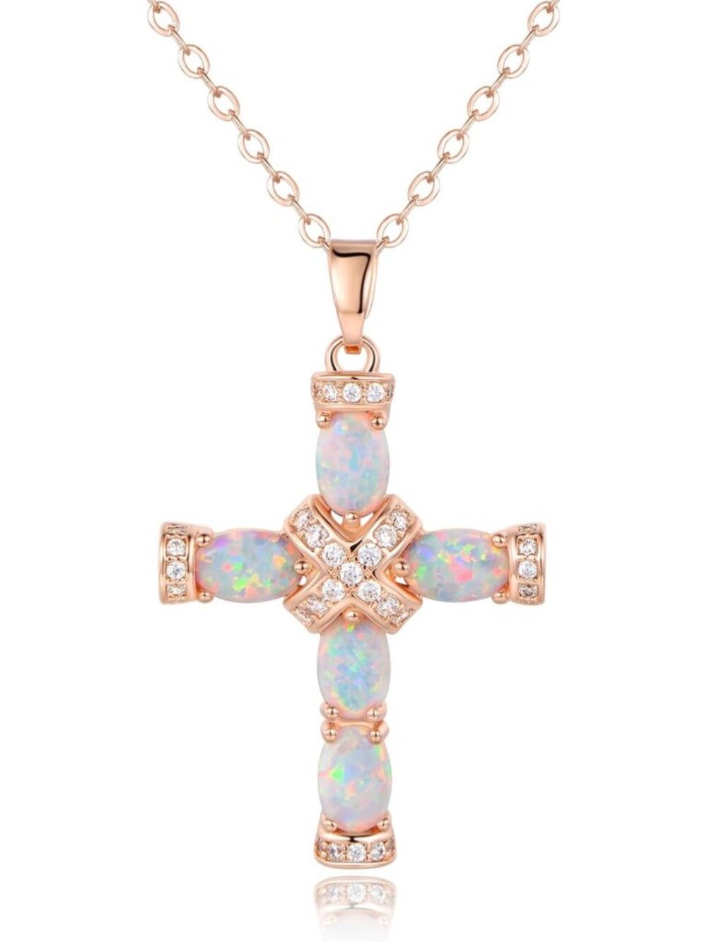 18K Gold Plated Opal Cross Necklace with 18" Chain & 2" Extension - Elegant